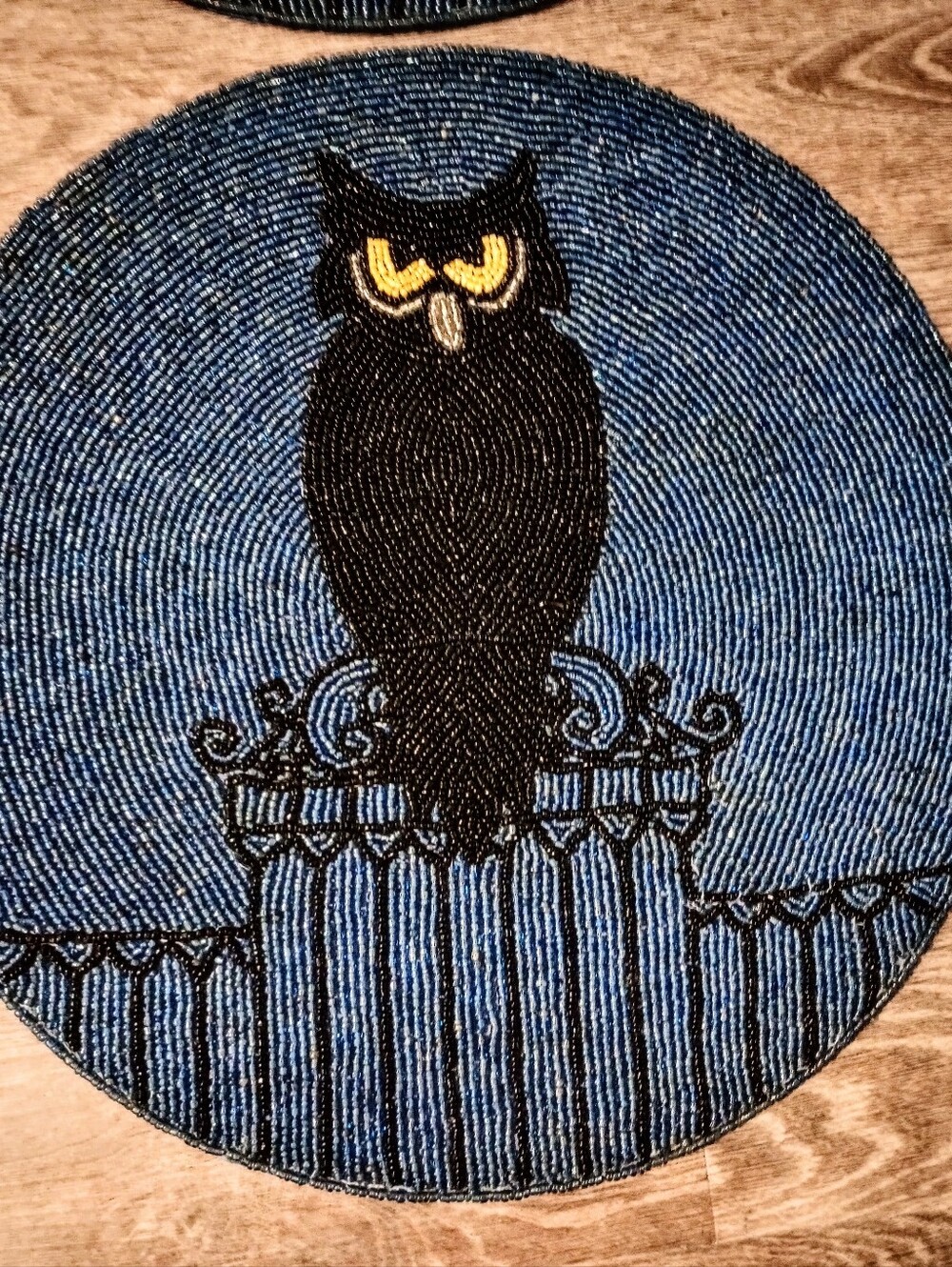 New Handmade All Beaded Blue with Black Owl Round Placemats Set(4) 14" Diameter
